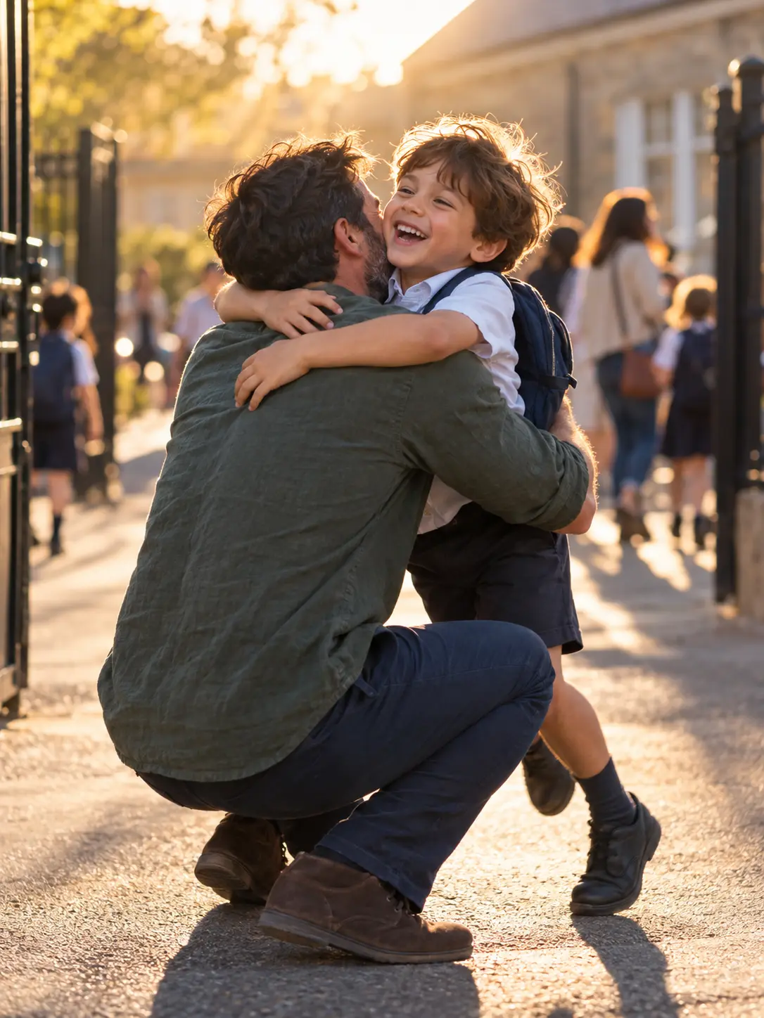 A father crouching to hug his son at the school gate at the end of the day