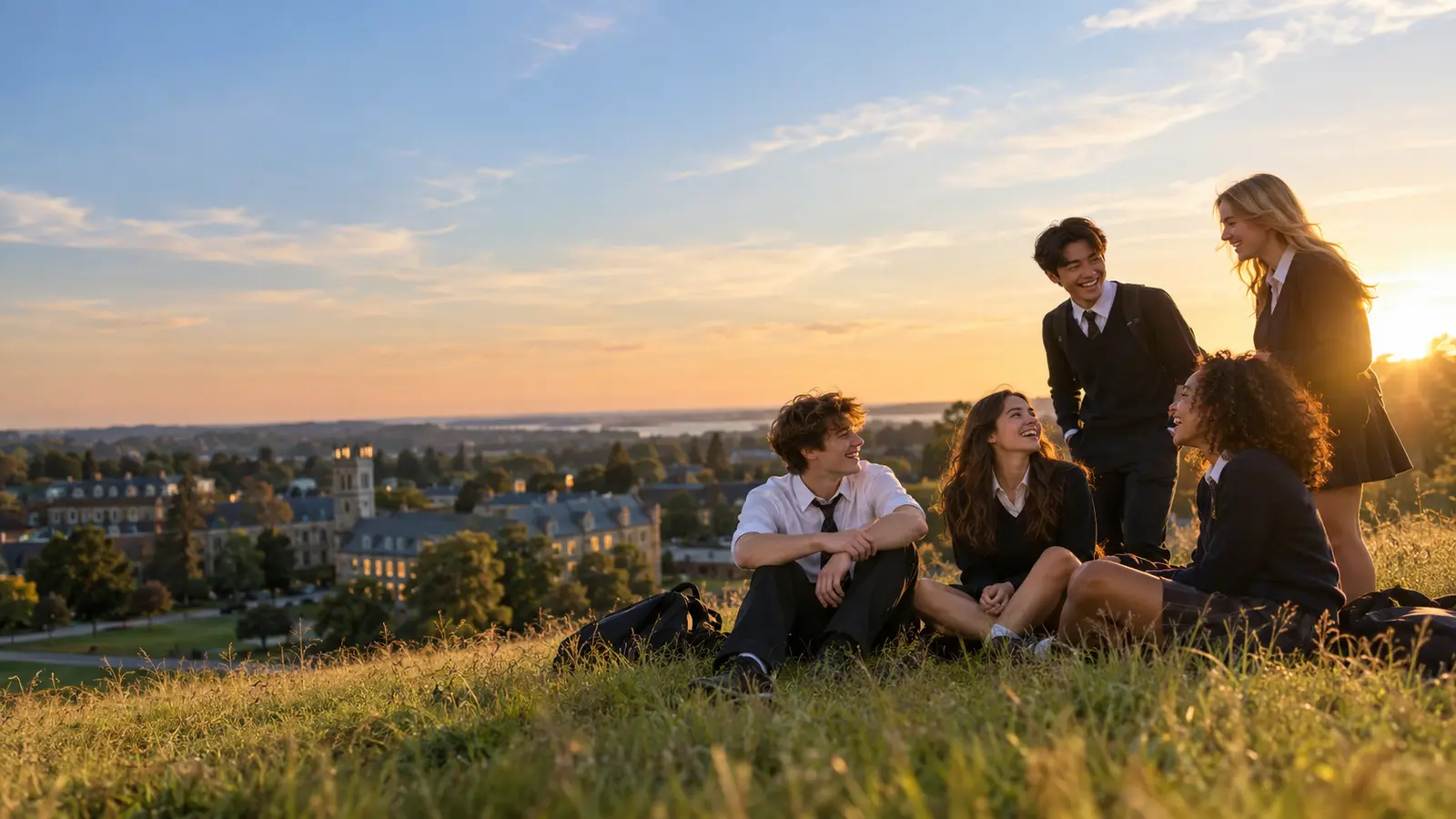 Five students laughing together on a grassy hillside above their campus at golden hour