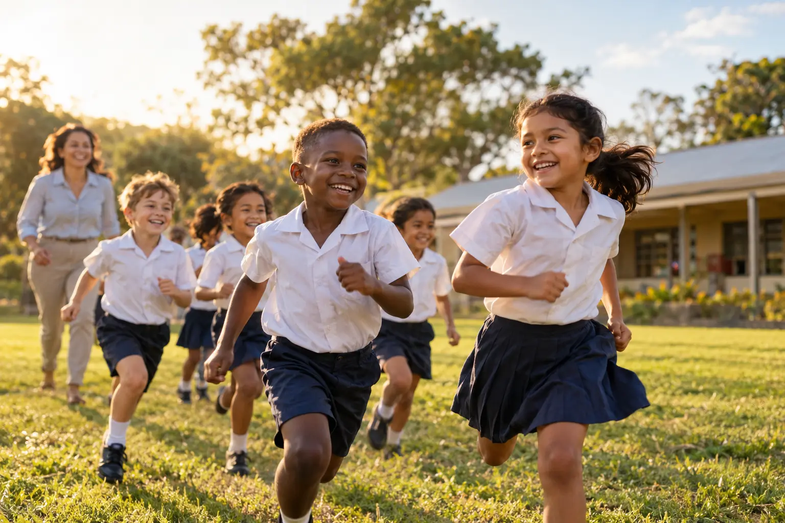 Primary pupils running across the school field, with their teacher behind them