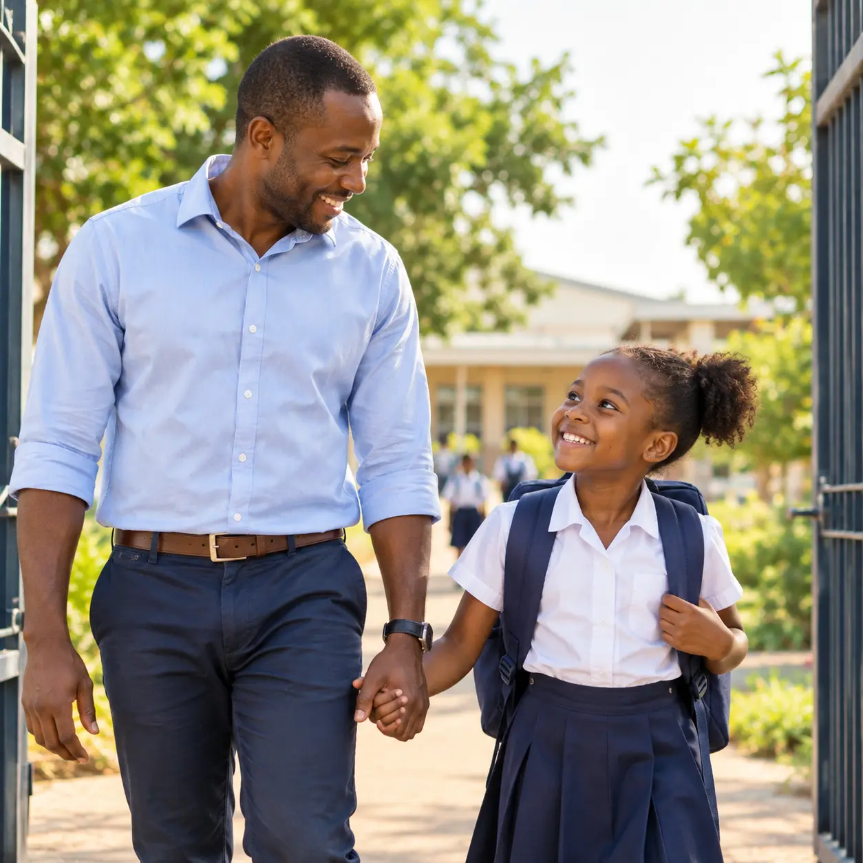A father and his daughter walking hand in hand through the school gate