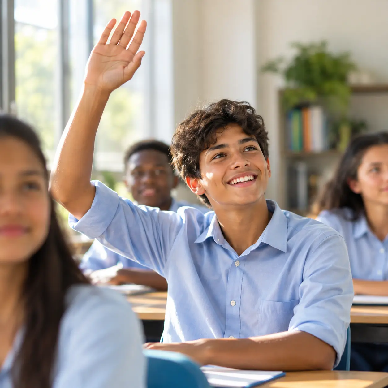 A smiling student raising his hand in a bright classroom