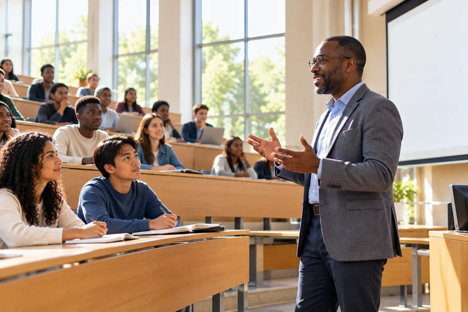 A lecturer speaking to students in a sunlit lecture hall