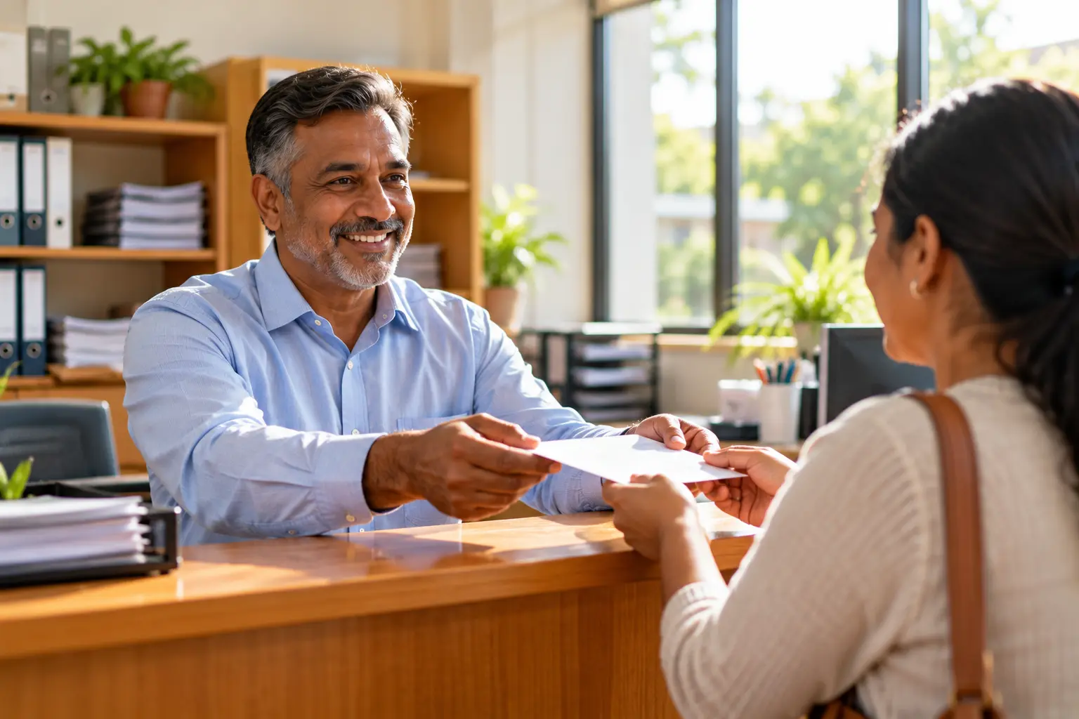 A school bursar handing a receipt to a parent across the office counter