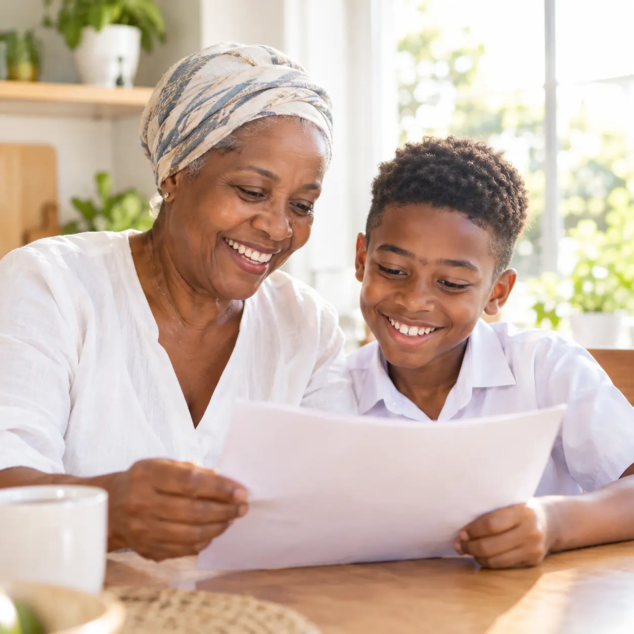 A grandmother and her grandson reading a school report together at home