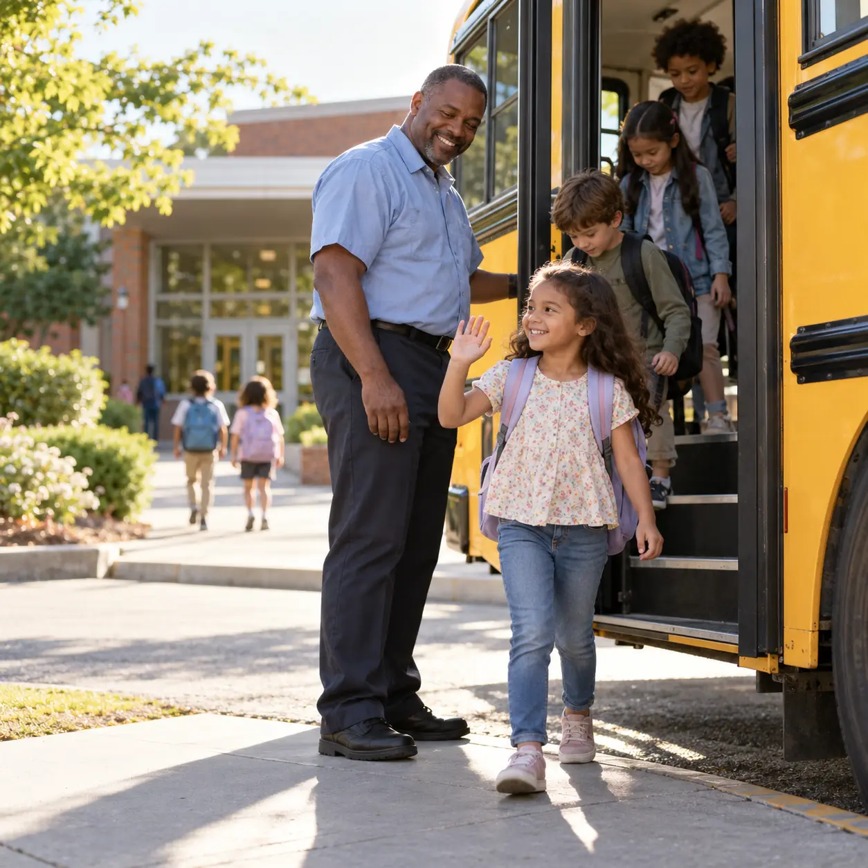 A school bus driver smiling as pupils step down from the bus