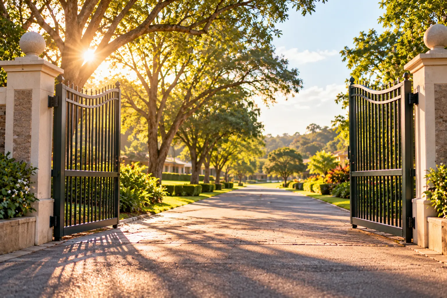 School gates standing wide open onto a tree-lined road at sunrise