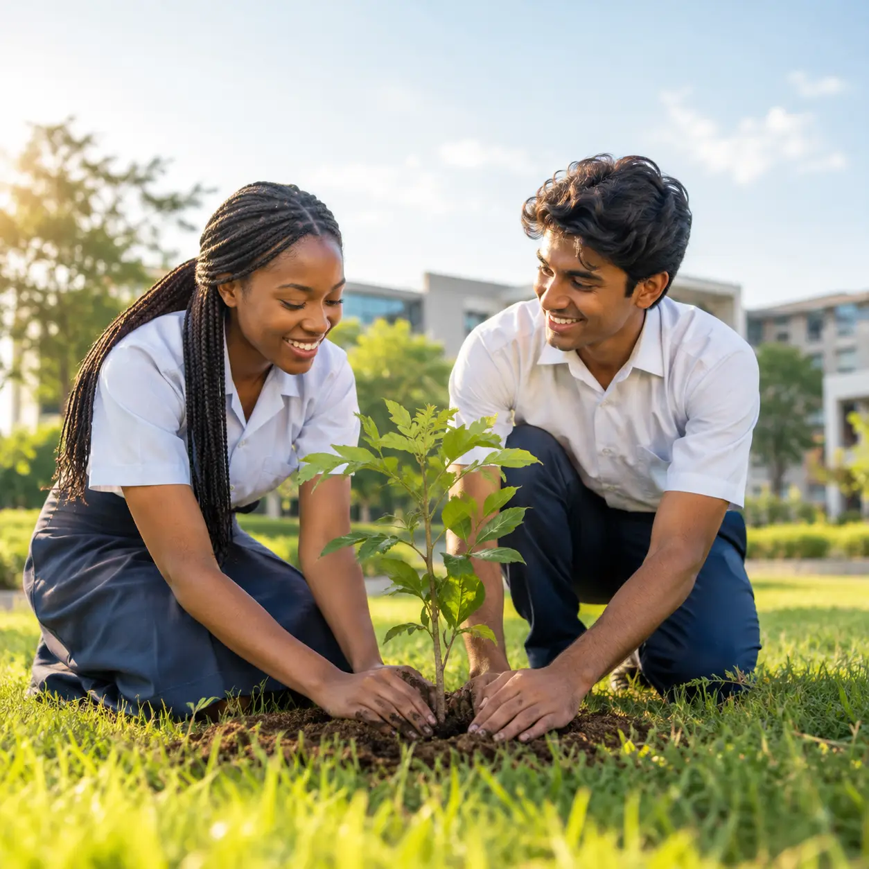Two students kneeling on a campus lawn, planting a young tree together