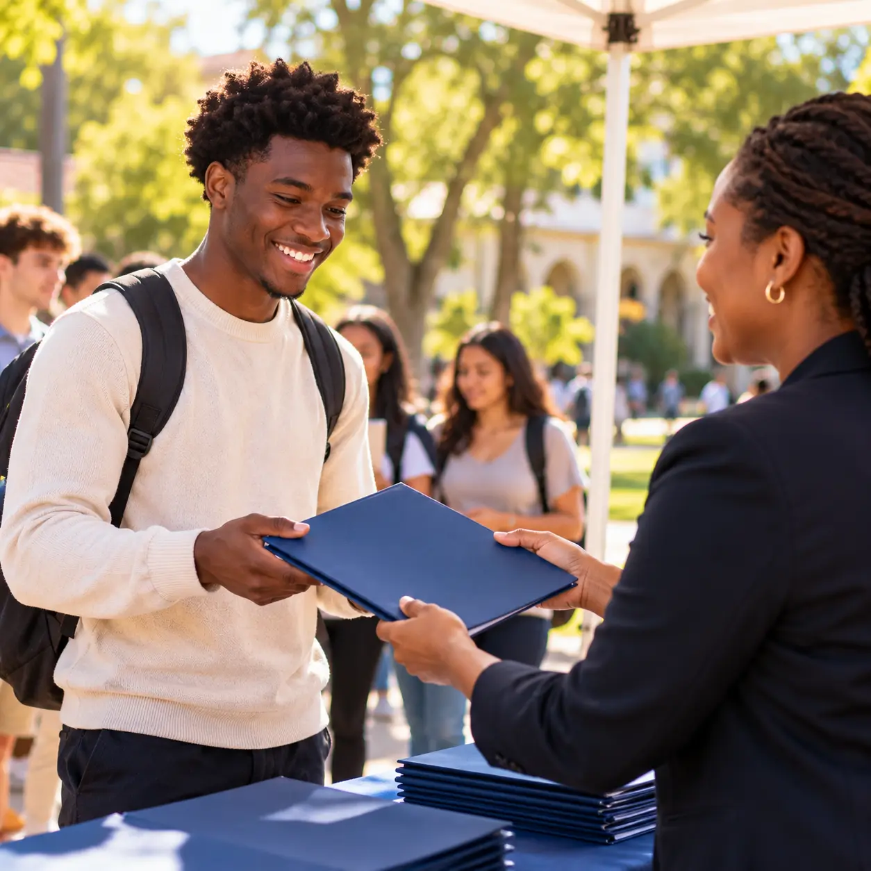 A new university student receiving a welcome pack at a campus registration desk